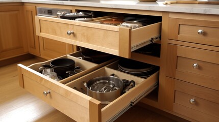 Kitchen wooden storage drawer with utensils and plates. Generative AI.
