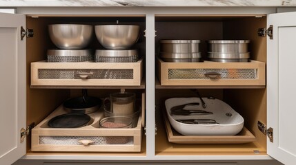 Kitchen wooden storage drawer with utensils mugs spoons and saucepans. Generative AI.
