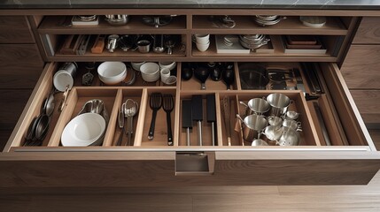 Kitchen wooden storage drawer with utensils. Generative AI.