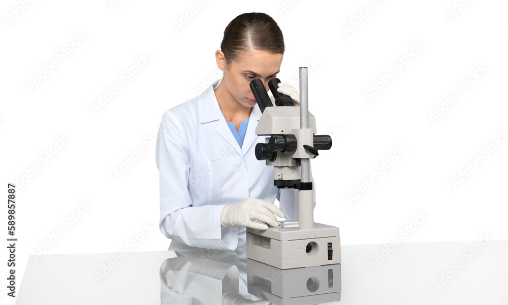 Poster scientist working with microscope isolated on white background
