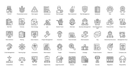Risk Management Thin Line Icons Finance Risk Business Icon Set in Outline Style 50 Vector Icons in Black
