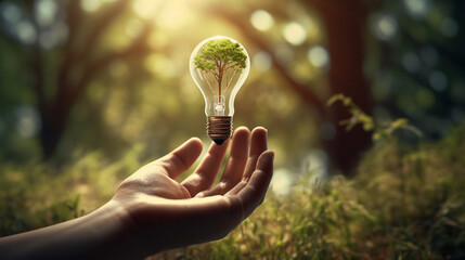 Hand holding a light bulb with growing plants and morning sunlight. Generative AI.