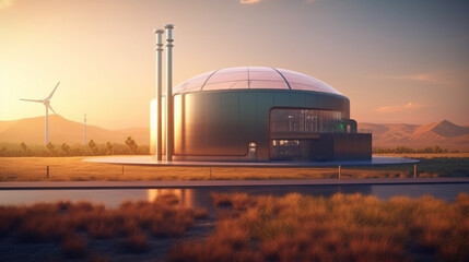 Fototapeta na wymiar Hydrogen production from renewable energy sources, Hydrogen fuel station at sunset. AI Generative.