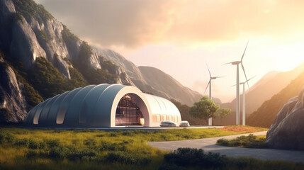 Fototapeta na wymiar New energy sources, hydrogen power station with green grass field.Generative Ai.