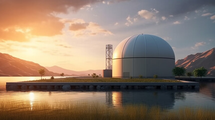 Hydrogen production from renewable energy sources, Hydrogen fuel station at sunset. AI Generative.