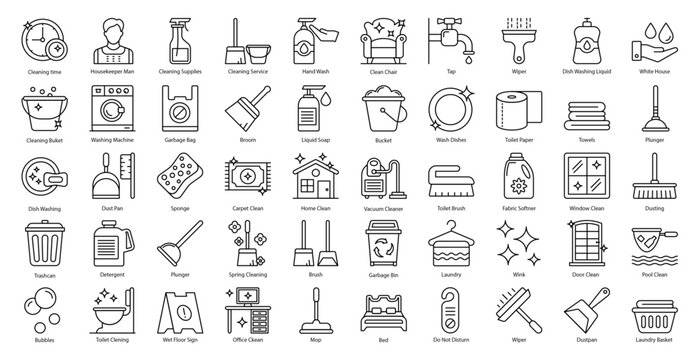 Cleaning Thin Line Icons Clean Hygiene Washing Icon Set in Outline Style 50 Vector Icons in Black