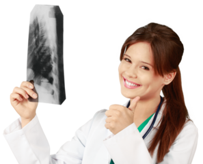 Young cute woman doctor holding x-ray isolated on white background