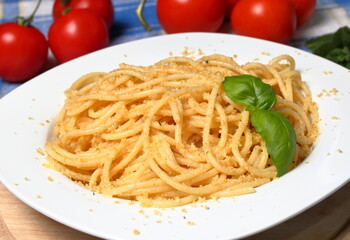 Pasta with breadcrumbs. Delicious plate of spaghetti alla Gennaro with breadcrumbs, anchovies,...