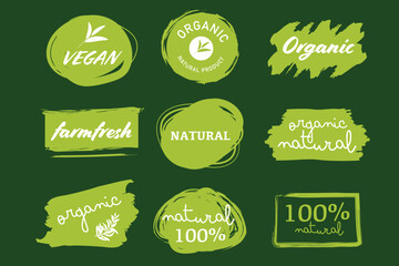 Set of Vegan, Eco, Bio, Organic, Fresh, Healthy, 100 percent, natural food. Natural product. Collection of green painting label.