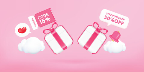 3D Gift voucher with coupon Percentage. Happy valentine's day promotion sales and Discount online purchases. Tag label, banner with Percentage isolated. 3d rendering.