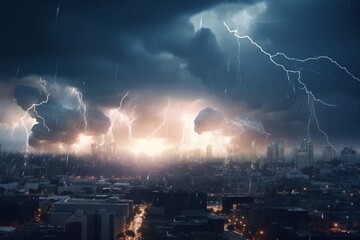 a thunderstorm with lightning over the city. generative ai