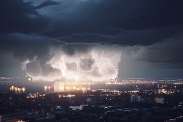 Fototapeta premium a thunderstorm with lightning over the city. generative ai