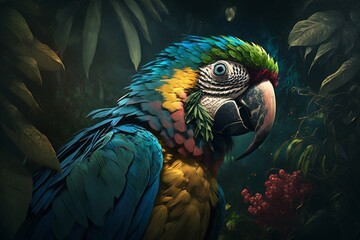 Cute Jungle Parrot Portrait, Generative Ai