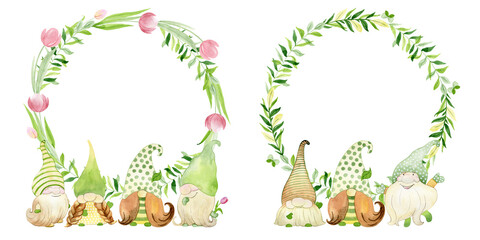 Watercolor wreaths with spring gnomes on white background.