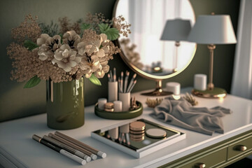 Dressing table with cosmetics for makeup. Super photo realistic background, generative ai illustration