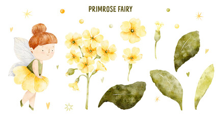 Primrose flower watercolor illustration. Cute fairy clip art. Nursery kid illustration. Floral greenery botanical graphic set. Nature leaf girl collection. Spring summer illustration for kids