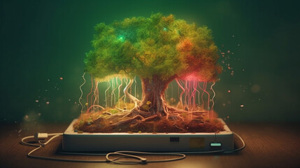 Beautiful illustration of the symbolic magic tree of life.The EV charging station explodes with colorful tree roots. Generative AI.