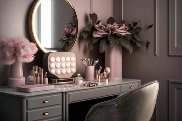 Dressing table with cosmetics for makeup. Super photo realistic background, generative ai illustration
