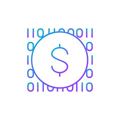 Coin with code, digital money, e-money, mobile payment gradient lineal icon. Finance, payment, invest finance symbol design.