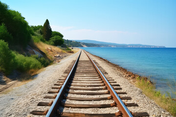Obraz premium A railroad track along the beach and ocean on a sunny day. Train travel concept landscape background. Generative AI.