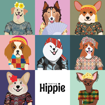 Hipster dogs vector illustration. Cute cartoon dogs set.