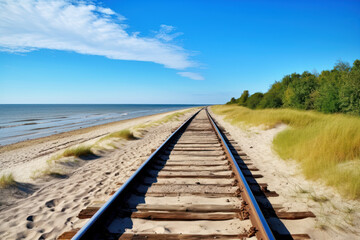 Naklejka na ściany i meble A railroad track along the beach and ocean on a sunny day. Train travel concept landscape background. Generative AI.