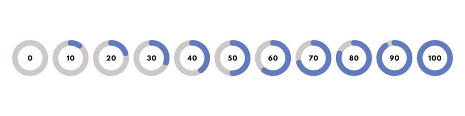 Set of blue circular progress bar. Timer icon with ten percent interval. Download display. Vector illustration
