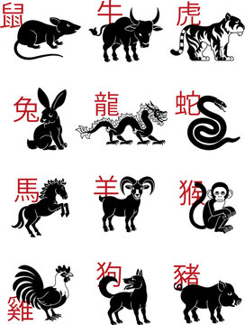 A set of Chinese zodiac astrology horoscope animals year signs
