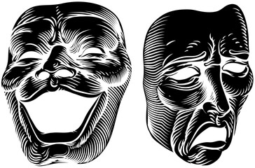 Theater or theatre drama comedy and tragedy masks in a vintage woodcut etching style - obrazy, fototapety, plakaty