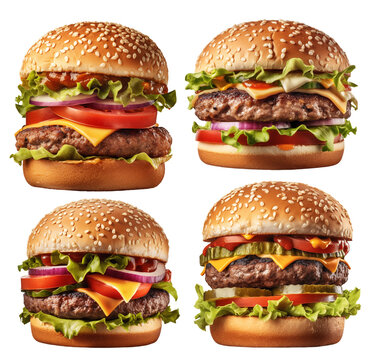 four big burgers with lettuce, tomatoes, onion and cucumber on a transparent background, Generative AI
