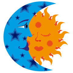 Cartoon Sun and Moon isolated on white background. Ethnic weather element. Folk symbol. Vector illustration.