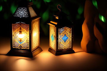 Fototapeta na wymiar Ramadan lantern in the night generated with Ai 