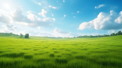 Fotobehang Green grass field on small hills and blue sky with clouds. Summer spring landscape background. Generative AI. © junghc1