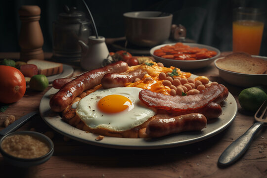 Fried Eggs, Fried Sausages, Crispy Fried Bacon Slices, Stewed Beans, Toast On A White Plate, British Breakfast. Ai Generative