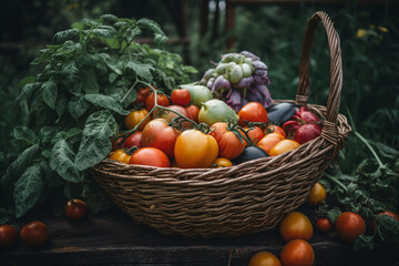 Fototapeta na wymiar Basket of organic products on the farm. vegetables in a basket. AI generative