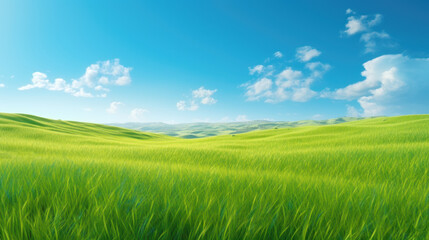 Fototapeta na wymiar Green grass field on small hills and blue sky with clouds. Summer spring landscape background. Generative AI.