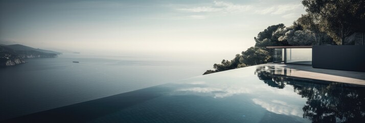 Fototapeta na wymiar overflowing swimming pool, modern and minimalist house in horizon, sea and sky reflection, AI