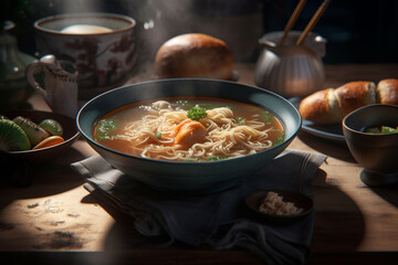Chinese soup with noodles, chicken and stewed vegetables. ai generative