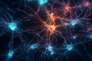 Naklejka na ściany i meble Neurons activity. Synapses and axones transmitting electrical signals. ai generative
