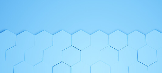 Horizontal hexagonal background with blue hexagons, abstract futuristic geometric backdrop or wallpaper with copy space for text