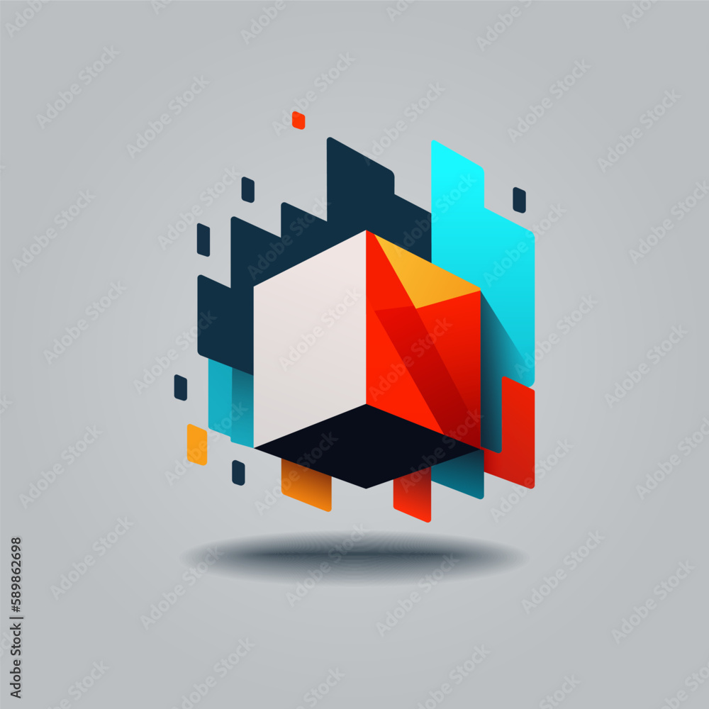 Poster abstract 3d cube icon. colorful geometric shape. vector logo design template. creative logotype conc
