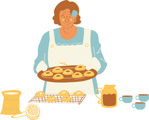 Elderly woman in apron holding a tray with cookies. Flat vector illustration.