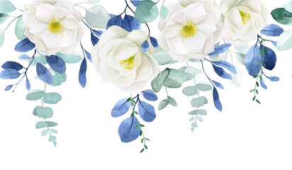 watercolor drawing. seamless border, baner with white peony flowers and eucalyptus leaves.