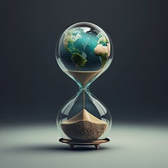 hourglass with earth globe transforming into sand or dust, generative ai