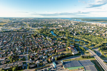 A view of the city of Klaipeda from a hot air balloon, photographed from a wide angle