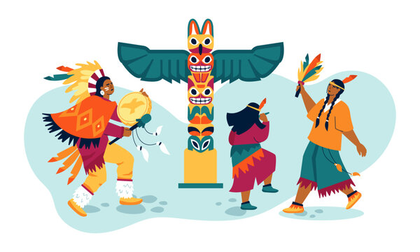 Ritual dance around the totem - modern colored vector illustration