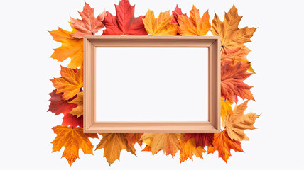 Wooden frame with autumn maple leaves isolated on white background. Autumn concept. Generative AI