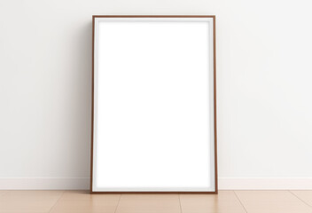 simple wood frame mockup lean against wall on wooden floor, A4 wall art template canvas, transparent space for your design