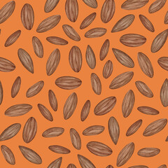 Seamless pattern of almond for decorative design with orange background. Digital watercolor illustration. Vegan food