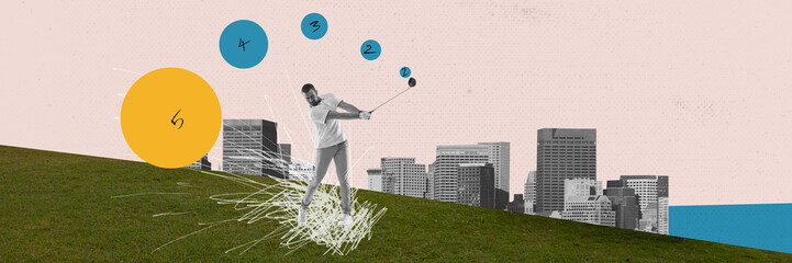 Young man standing on green field and playing against city landscape. Popular hobby and sport. Relaxation. Contemporary art collage. Concept of sport, lifestyle, creativity, inspiration, retro style